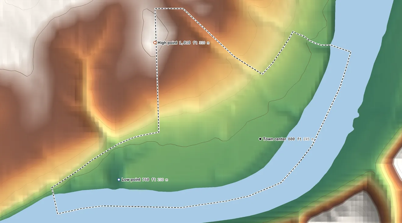 Topographic elevation map of Clinton, Armstrong County, Pennsylvania, shaded from 760 ft on the west side to 1,010 ft on the northwest edge, below higher ground just outside