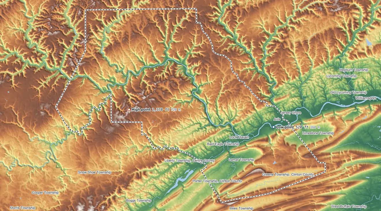 Topographic elevation map of Clinton County, Pennsylvania, shaded from 520 ft on the east side to 2,370 ft on the west side
