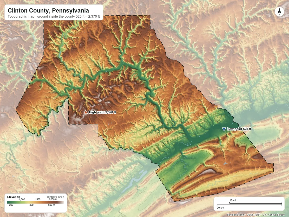 Topographic elevation map of Clinton County, Pennsylvania, shaded from 520 ft on the east side to 2,370 ft on the west side