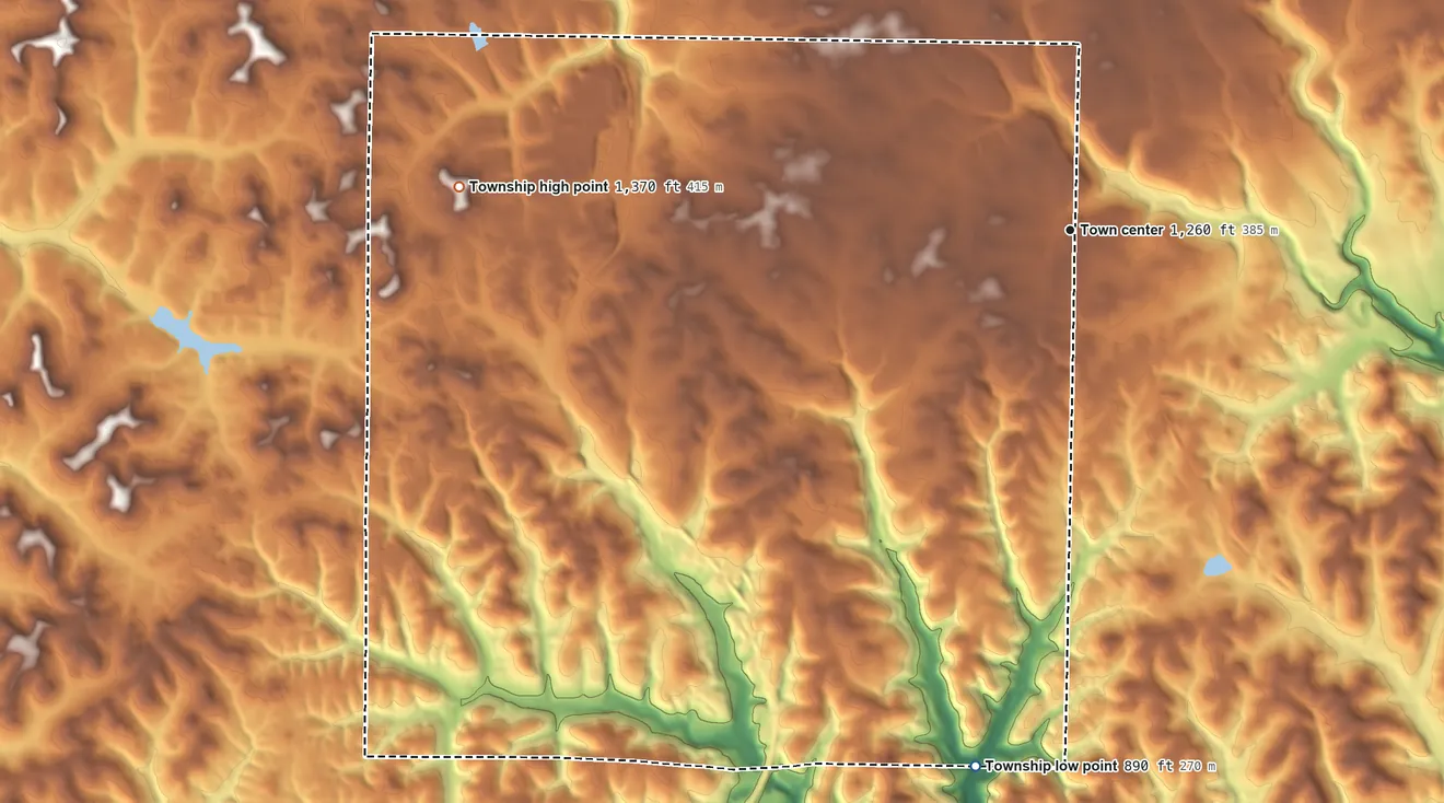 Topographic elevation map of Clinton Township, Butler County, Pennsylvania, shaded from 890 ft on the south side to 1,370 ft on the west side