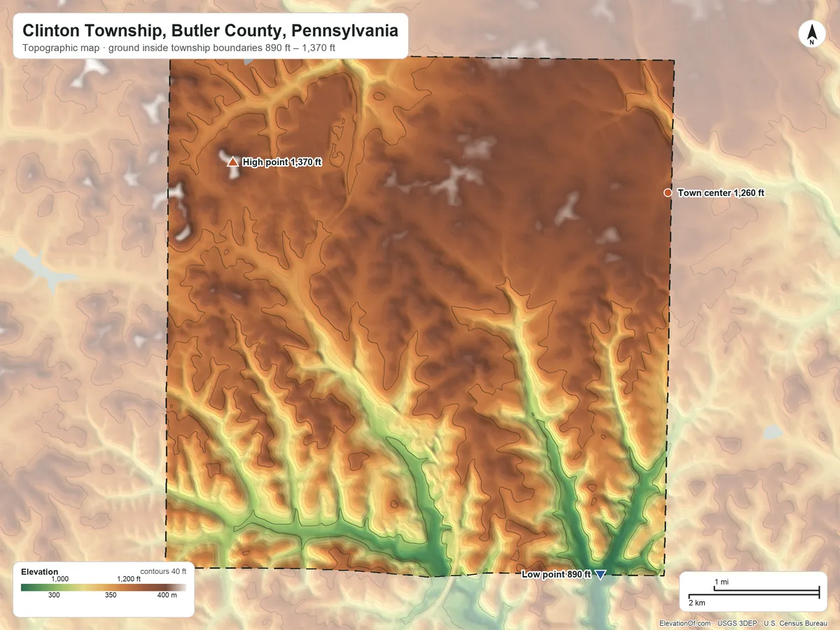 Topographic elevation map of Clinton Township, Butler County, Pennsylvania, shaded from 890 ft on the south side to 1,370 ft on the west side