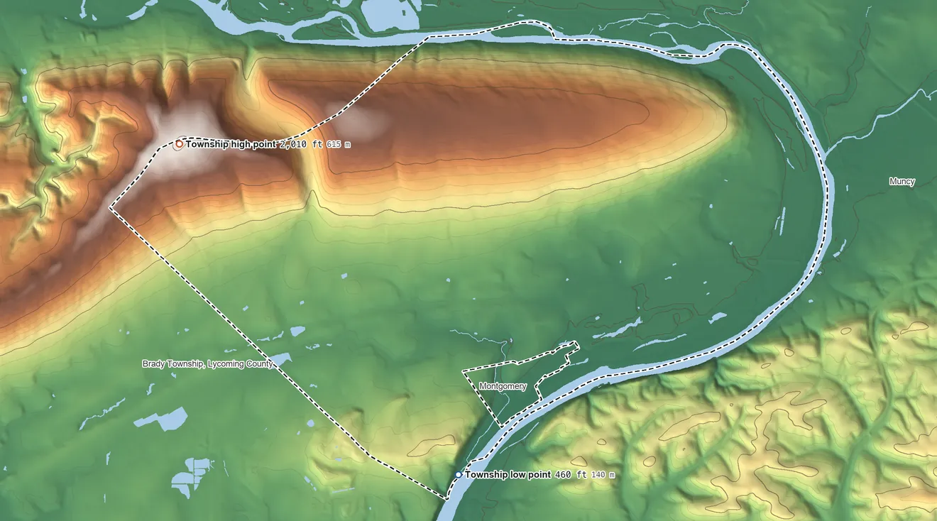 Topographic elevation map of Clinton Township, Pennsylvania, shaded from 460 ft on the southwest side to 2,010 ft on the west side