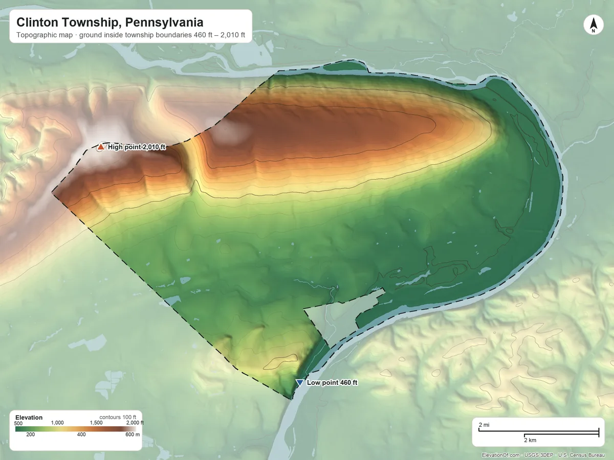 Topographic elevation map of Clinton Township, Pennsylvania, shaded from 460 ft on the southwest side to 2,010 ft on the west side