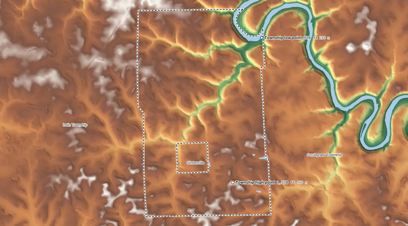 Topographic elevation map of Clinton Township, Venango County, Pennsylvania, shaded from 920 ft on the northeast side to 1,570 ft on the southeast side