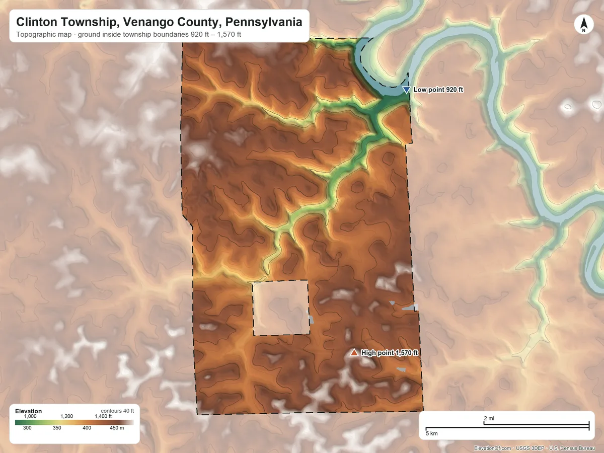 Topographic elevation map of Clinton Township, Venango County, Pennsylvania, shaded from 920 ft on the northeast side to 1,570 ft on the southeast side