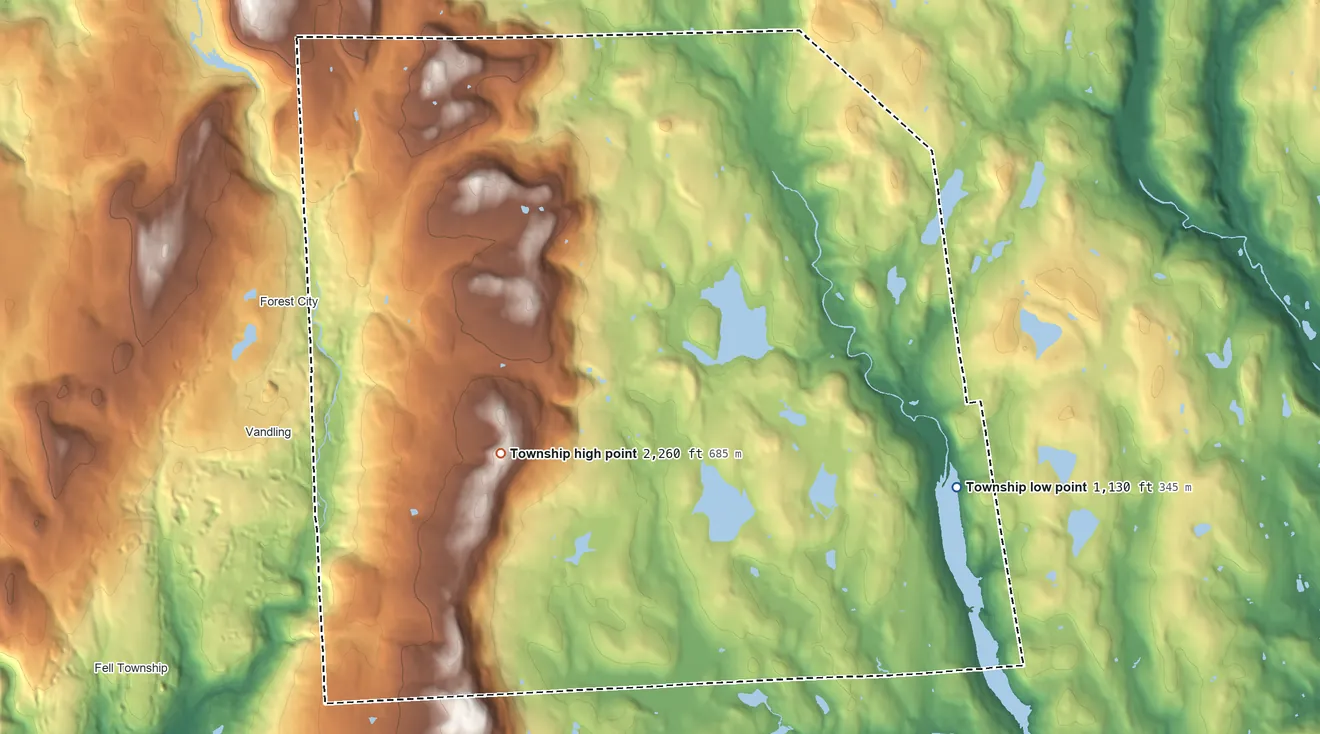 Topographic elevation map of Clinton Township, Wayne County, Pennsylvania, shaded from 1,130 ft on the east side to 2,260 ft near the middle