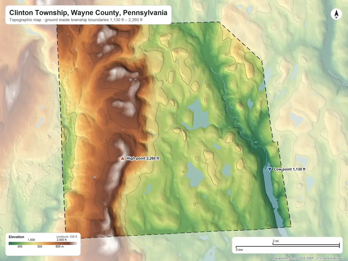 Topographic elevation map of Clinton Township, Wayne County, Pennsylvania, shaded from 1,130 ft on the east side to 2,260 ft near the middle