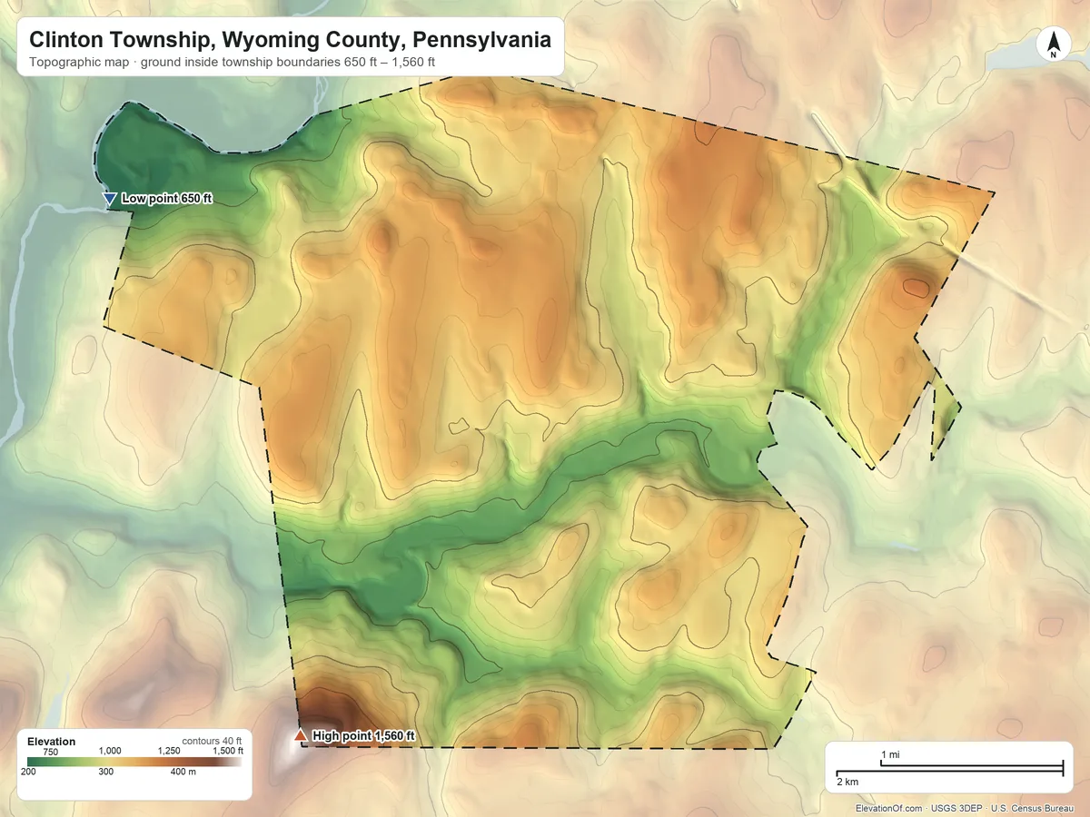 Topographic elevation map of Clinton Township, Wyoming County, Pennsylvania, shaded from 650 ft on the northwest side to 1,560 ft on the southwest edge, below higher ground just outside