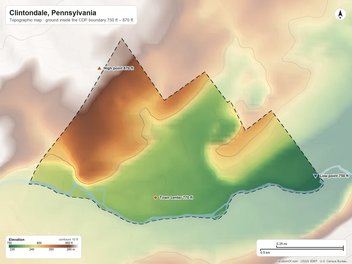 Topographic elevation map of Clintondale, Pennsylvania, shaded from 750 ft on the east side to 870 ft on the northwest edge, below higher ground just outside