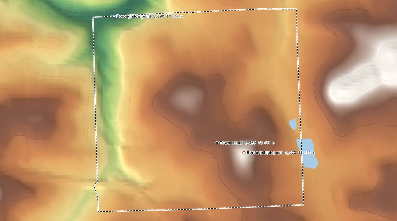 Topographic elevation map of Clintonville, Pennsylvania, shaded from 1,190 ft on the northwest side to 1,470 ft near the middle