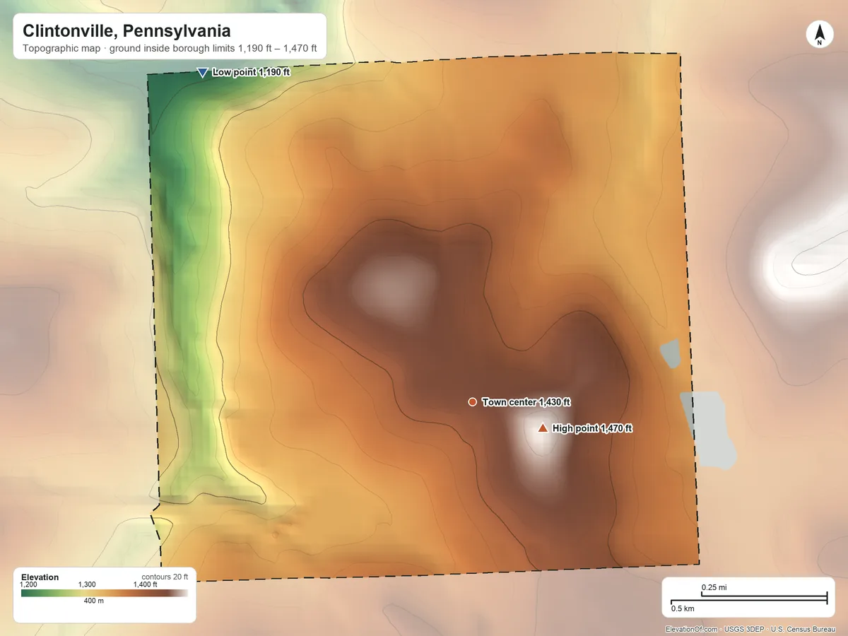 Topographic elevation map of Clintonville, Pennsylvania, shaded from 1,190 ft on the northwest side to 1,470 ft near the middle