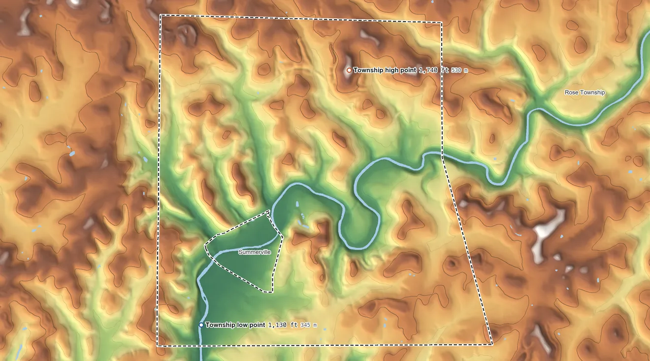 Topographic elevation map of Clover Township, Pennsylvania, shaded from 1,130 ft on the southwest side to 1,740 ft on the north side
