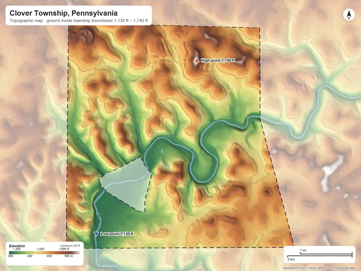 Topographic elevation map of Clover Township, Pennsylvania, shaded from 1,130 ft on the southwest side to 1,740 ft on the north side