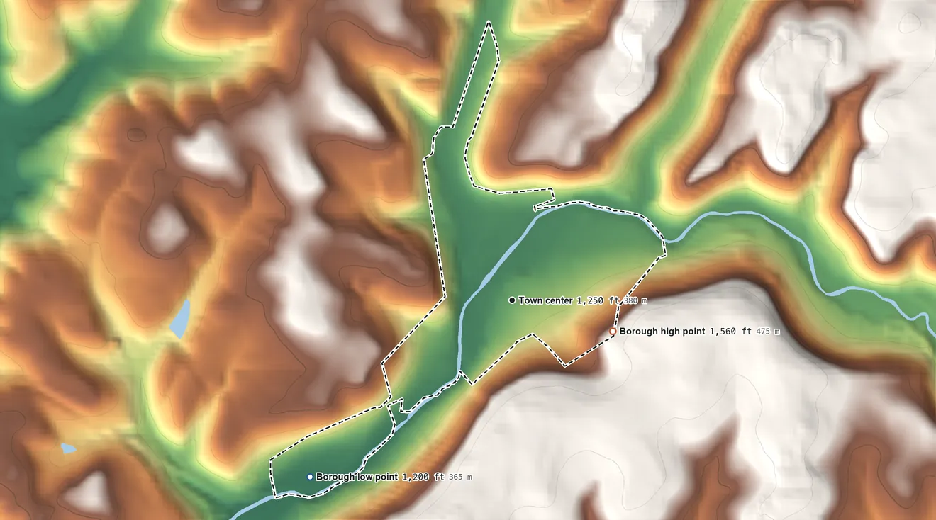 Topographic elevation map of Clymer, Pennsylvania, shaded from 1,200 ft on the southwest side to 1,560 ft on the east side