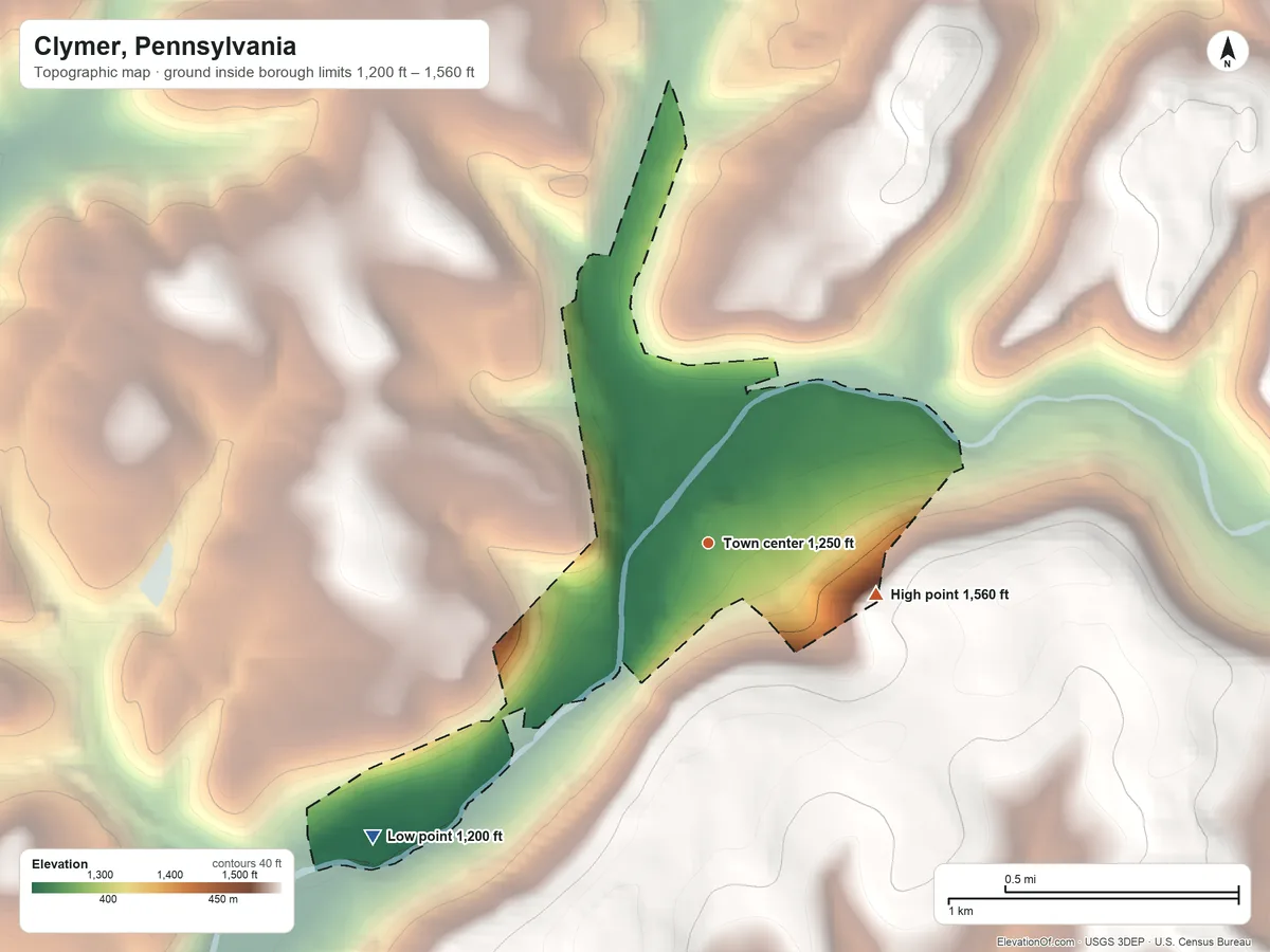 Topographic elevation map of Clymer, Pennsylvania, shaded from 1,200 ft on the southwest side to 1,560 ft on the east side