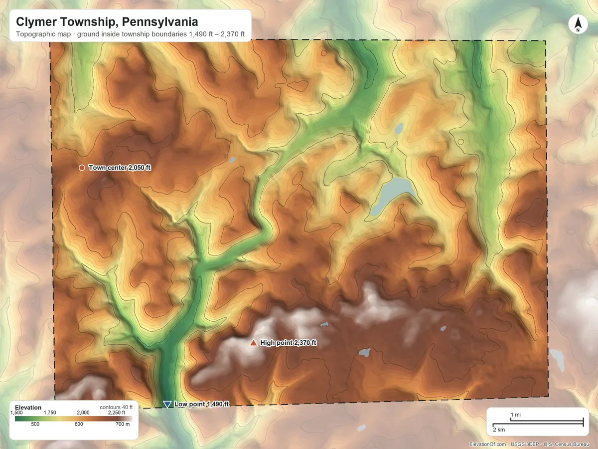 Topographic elevation map of Clymer Township, Pennsylvania, shaded from 1,490 ft on the south side to 2,370 ft on the southeast side