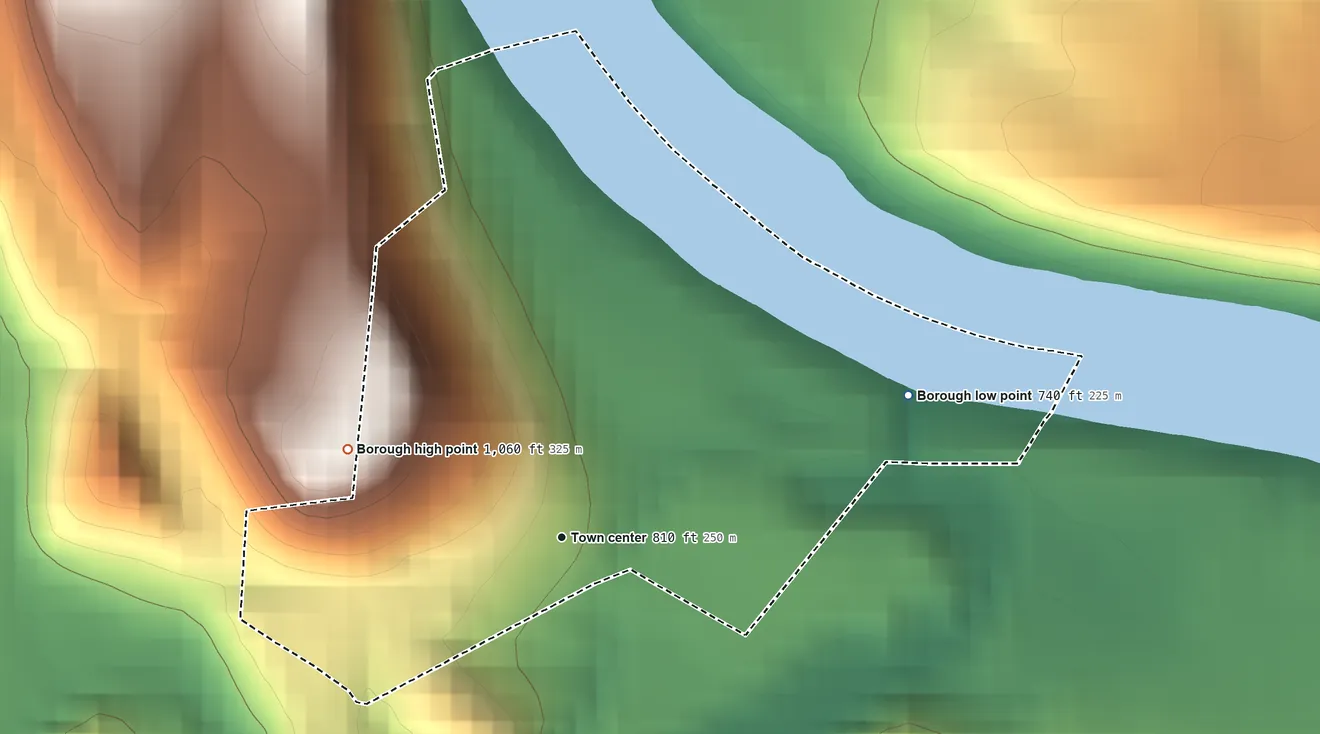 Topographic elevation map of Coal Center, Pennsylvania, shaded from 740 ft on the east side to 1,060 ft on the west side