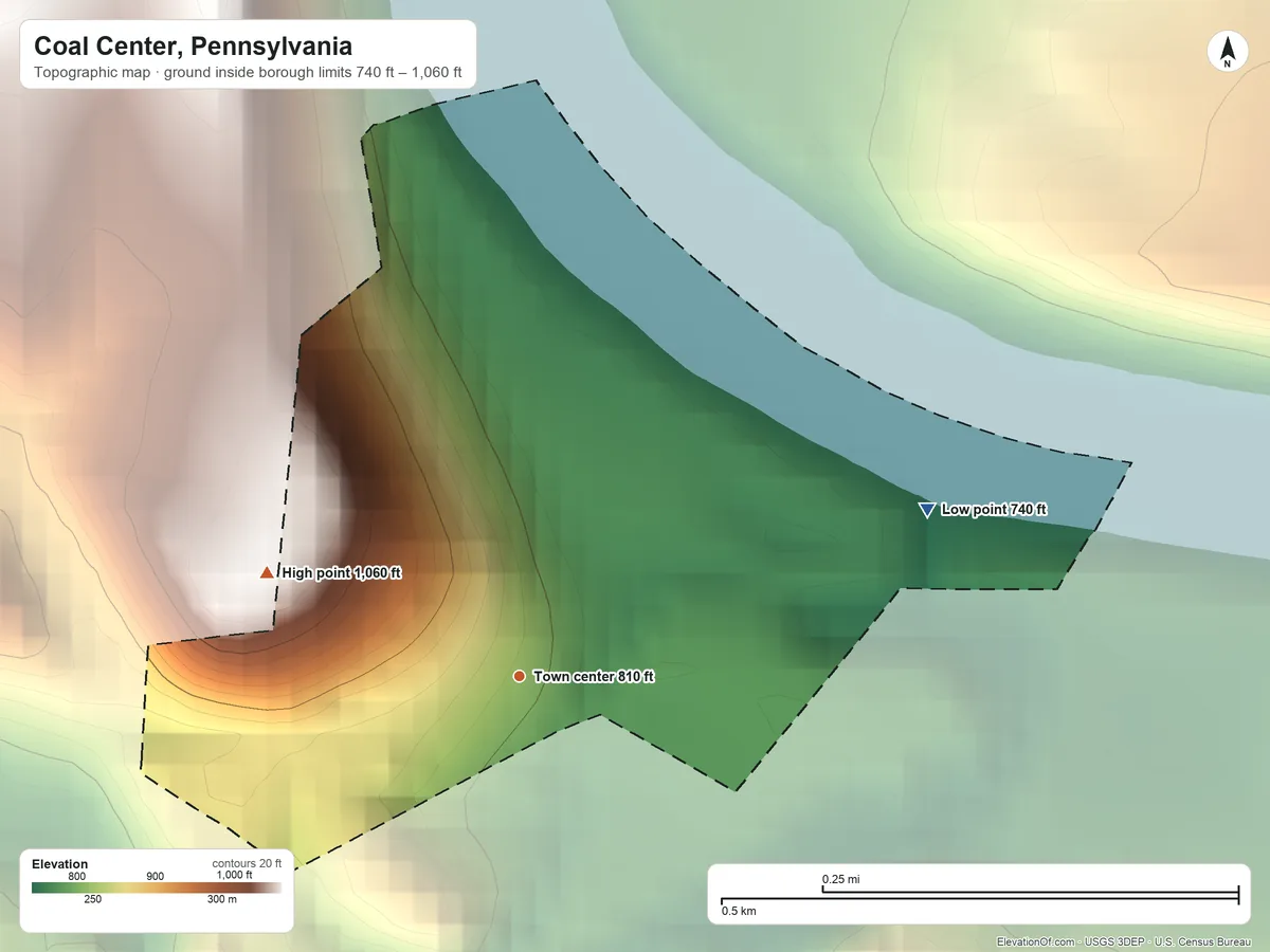 Topographic elevation map of Coal Center, Pennsylvania, shaded from 740 ft on the east side to 1,060 ft on the west side