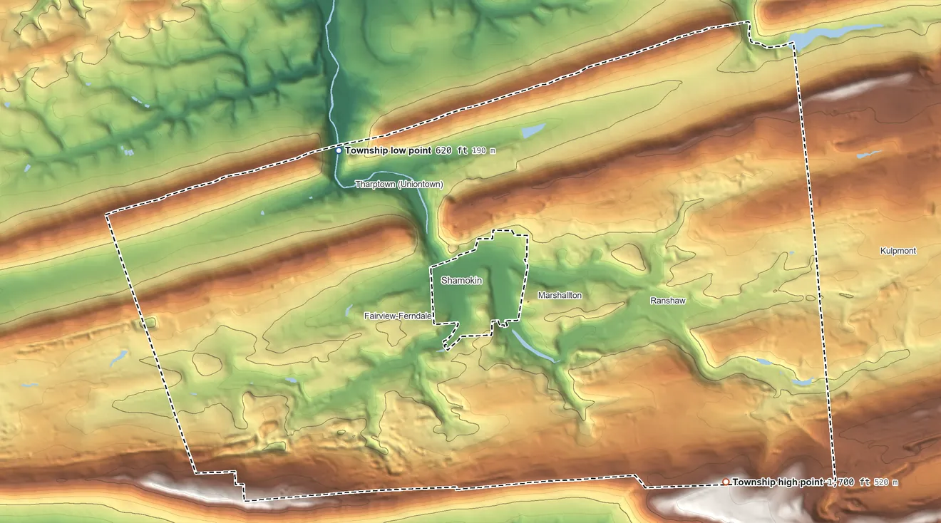 Topographic elevation map of Coal Township, Pennsylvania, shaded from 620 ft on the northwest side to 1,700 ft on the southeast side