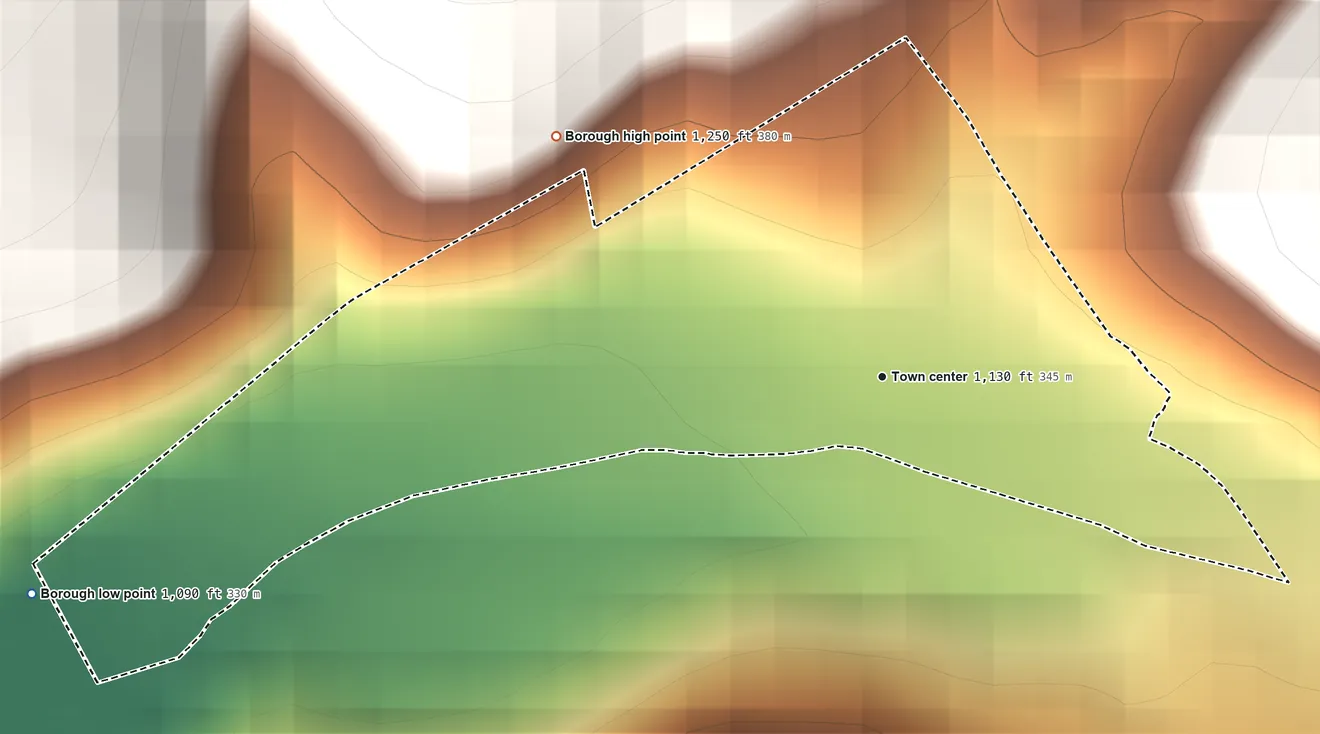 Topographic elevation map of Coaldale, Bedford County, Pennsylvania, shaded from 1,090 ft on the west side to 1,250 ft at the foot of the Tussey Mountain