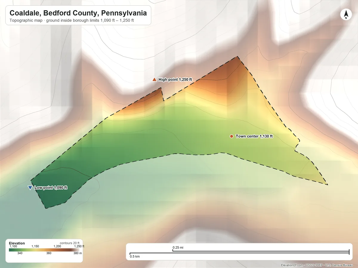 Topographic elevation map of Coaldale, Bedford County, Pennsylvania, shaded from 1,090 ft on the west side to 1,250 ft at the foot of the Tussey Mountain
