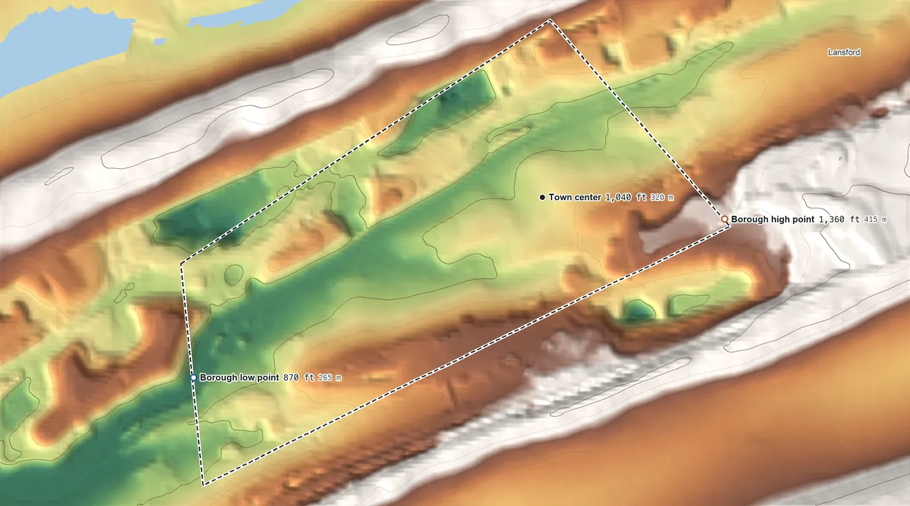 Topographic elevation map of Coaldale, Pennsylvania, shaded from 870 ft on the southwest side to 1,360 ft on the east side