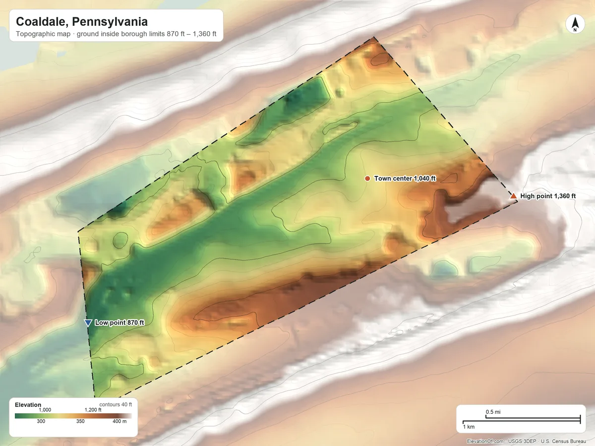 Topographic elevation map of Coaldale, Pennsylvania, shaded from 870 ft on the southwest side to 1,360 ft on the east side