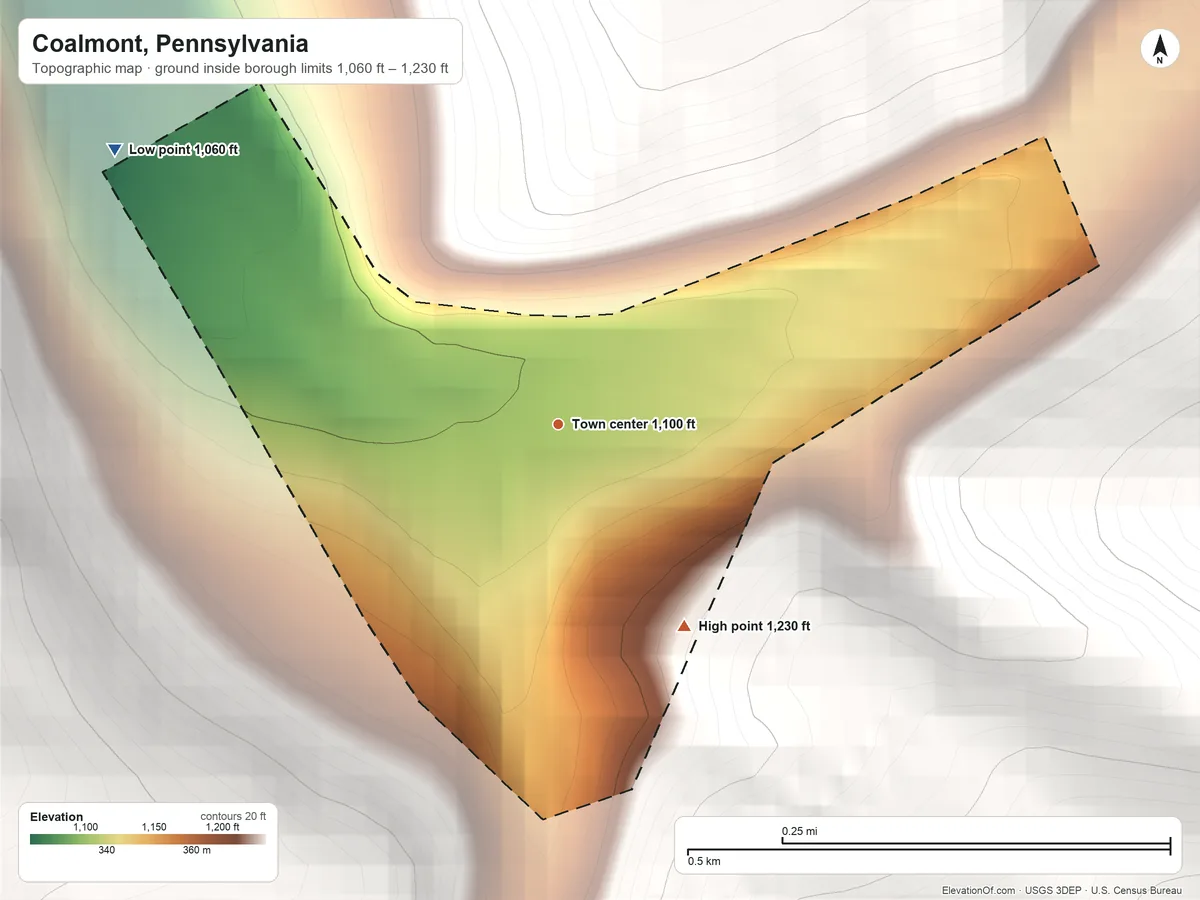 Topographic elevation map of Coalmont, Pennsylvania, shaded from 1,060 ft on the northwest side to 1,230 ft at the foot of the Tussey Mountain