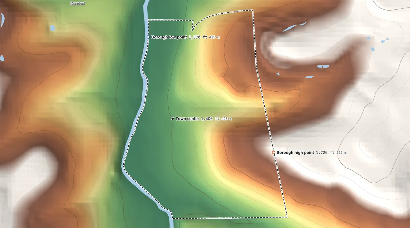 Topographic elevation map of Coalport, Pennsylvania, shaded from 1,370 ft on the north side to 1,720 ft on the east side