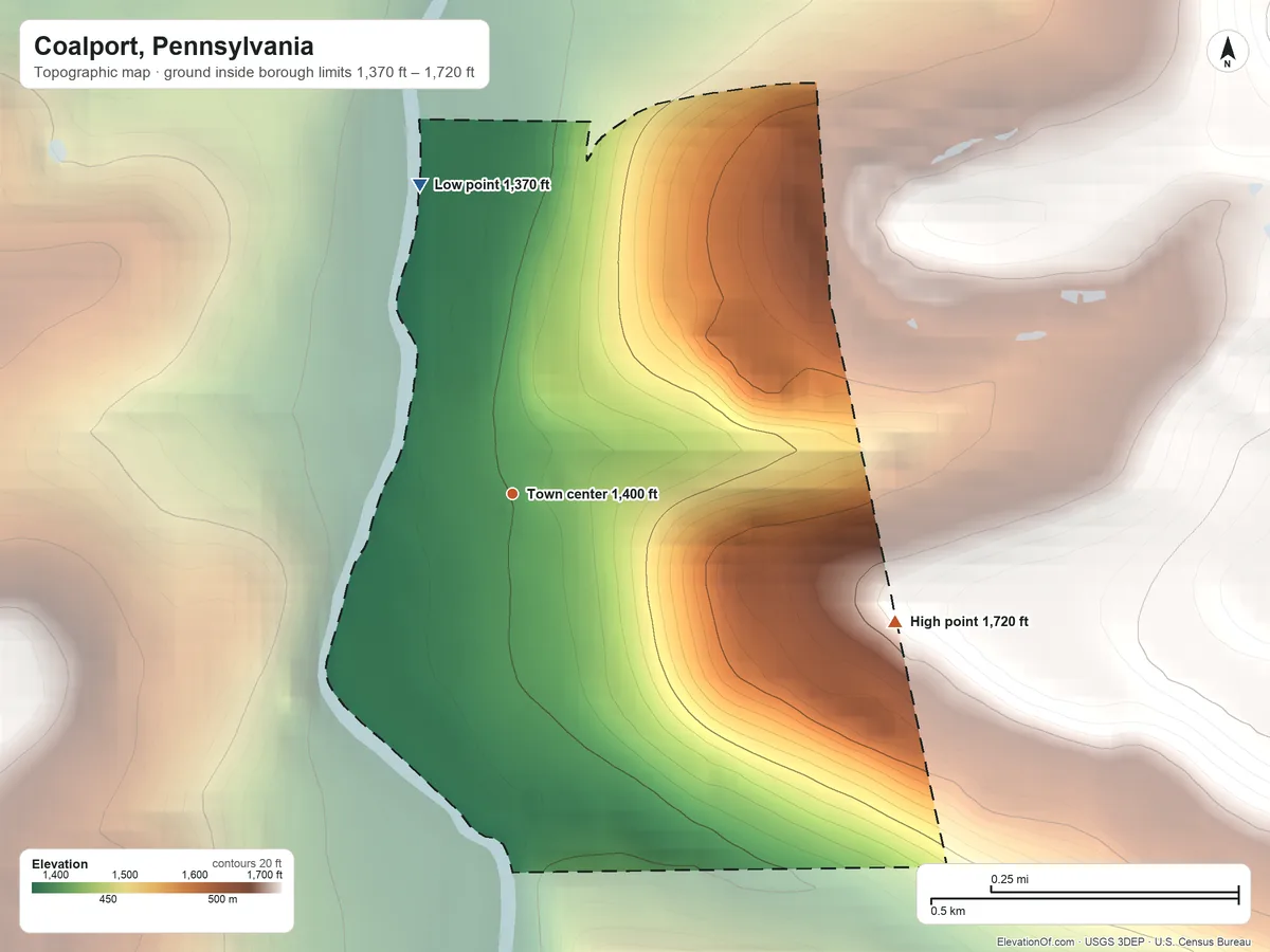 Topographic elevation map of Coalport, Pennsylvania, shaded from 1,370 ft on the north side to 1,720 ft on the east side