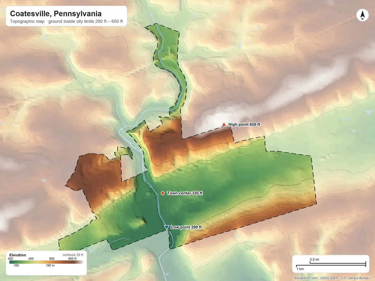 Topographic elevation map of Coatesville, Pennsylvania, shaded from 290 ft near the middle to 650 ft on the northeast side