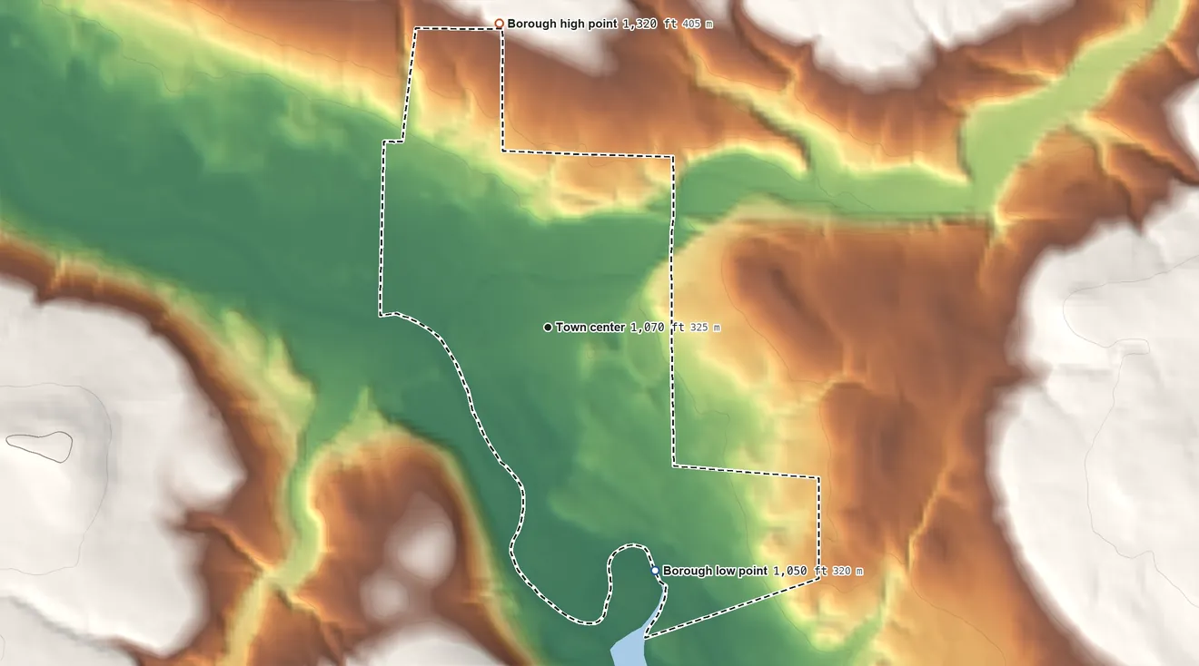 Topographic elevation map of Cochranton, Pennsylvania, shaded from 1,050 ft on the southeast side to 1,320 ft on the north side