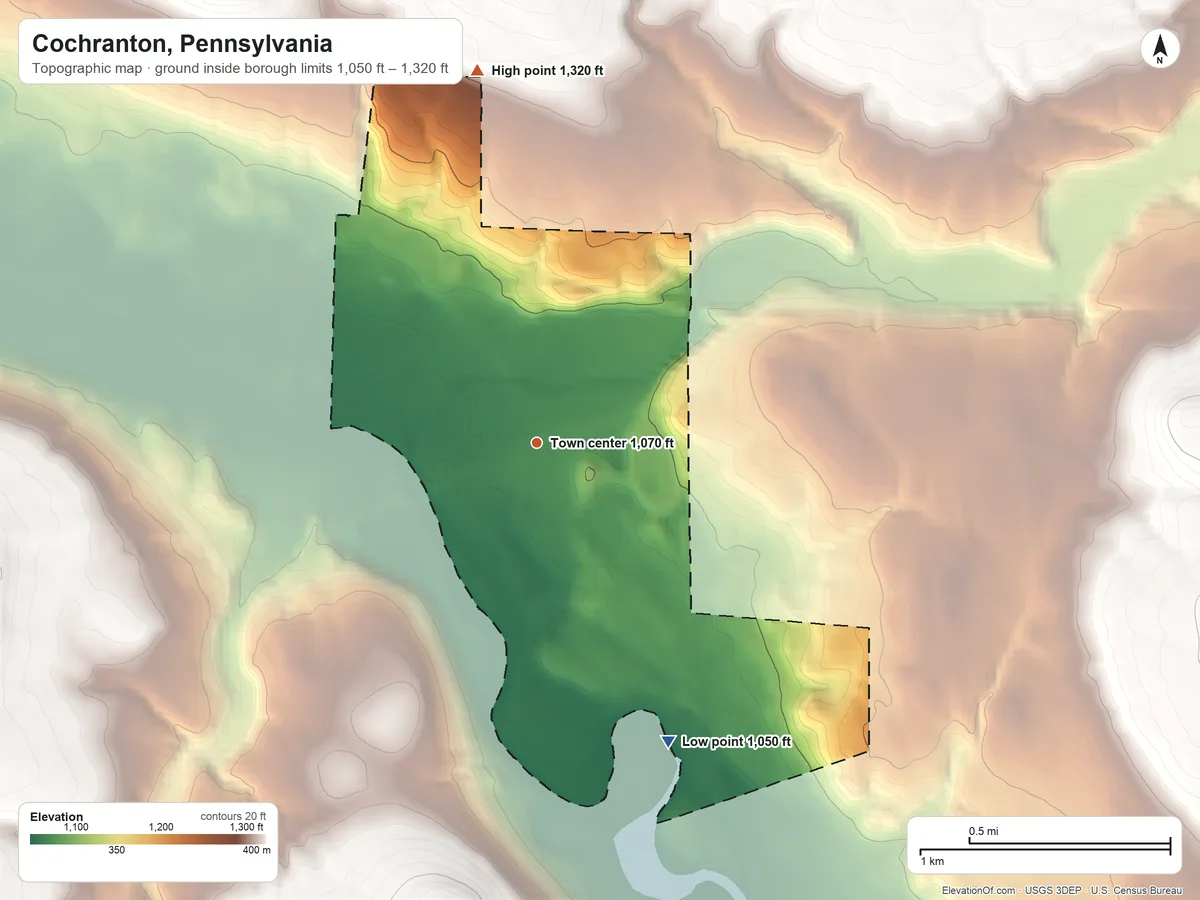 Topographic elevation map of Cochranton, Pennsylvania, shaded from 1,050 ft on the southeast side to 1,320 ft on the north side