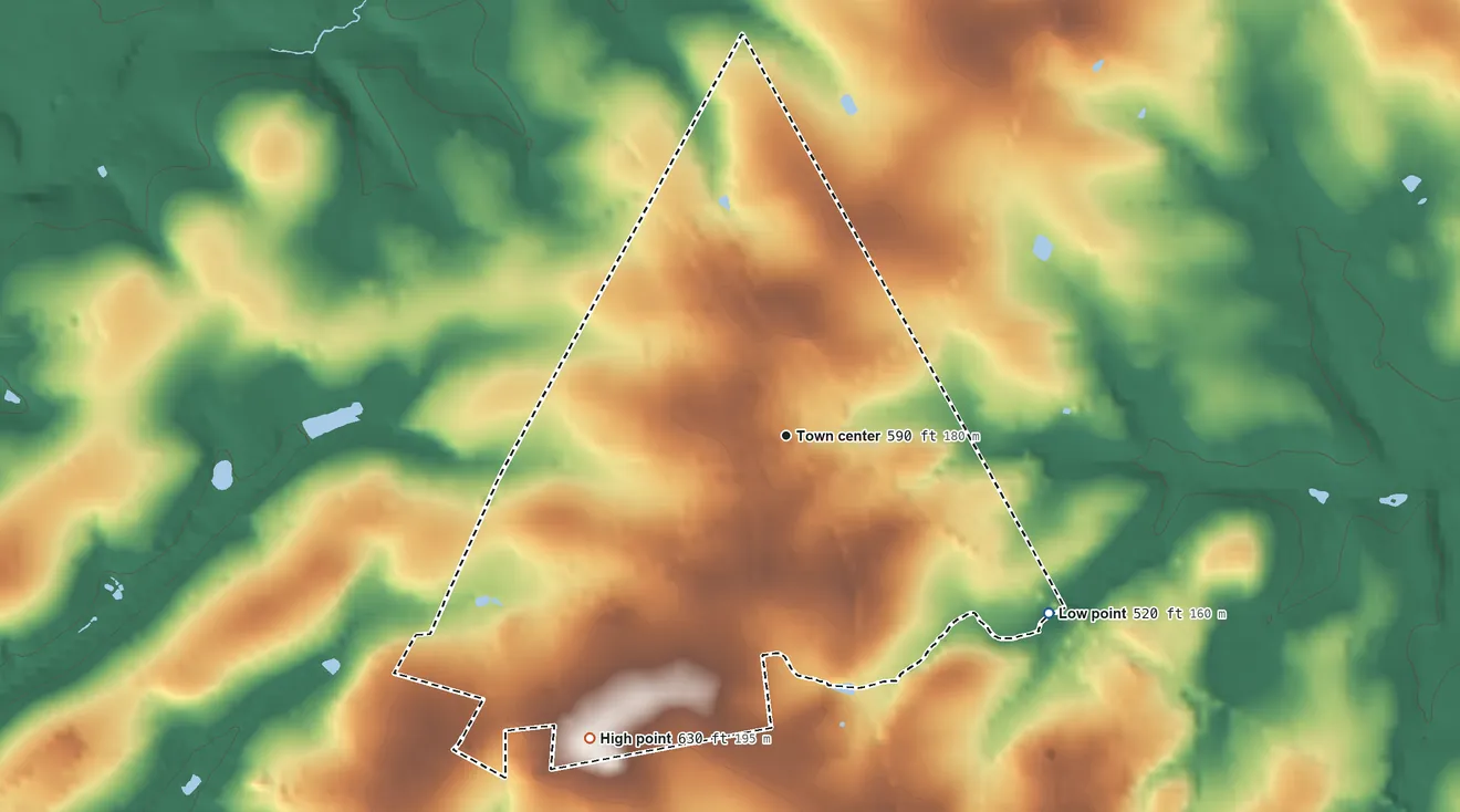 Topographic elevation map of Cochranville, Pennsylvania, shaded from 520 ft on the southeast side to 630 ft on the southwest side