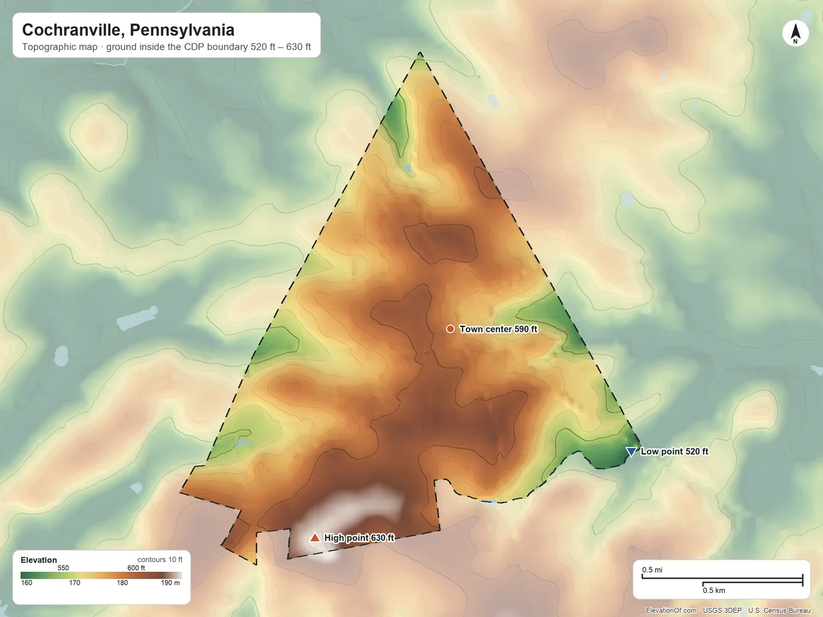 Topographic elevation map of Cochranville, Pennsylvania, shaded from 520 ft on the southeast side to 630 ft on the southwest side