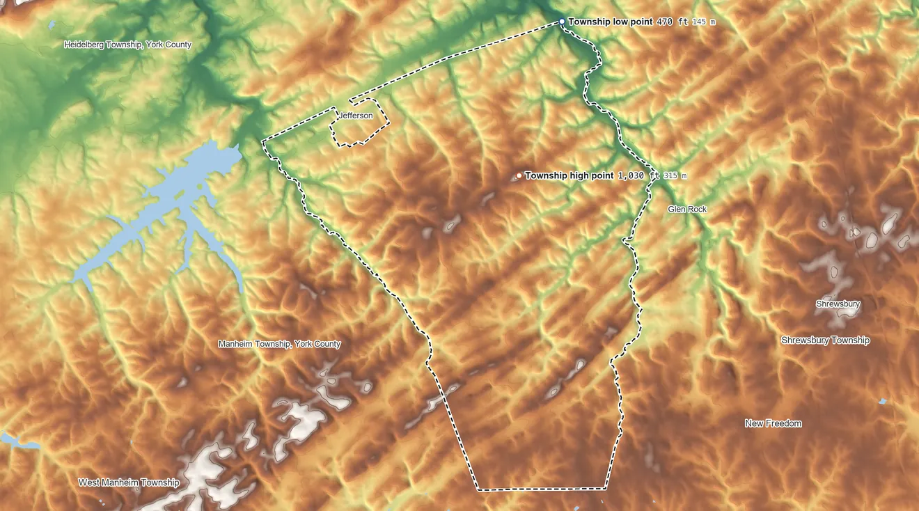 Topographic elevation map of Codorus Township, Pennsylvania, shaded from 470 ft on the north side to 1,030 ft on Huntrick Hill