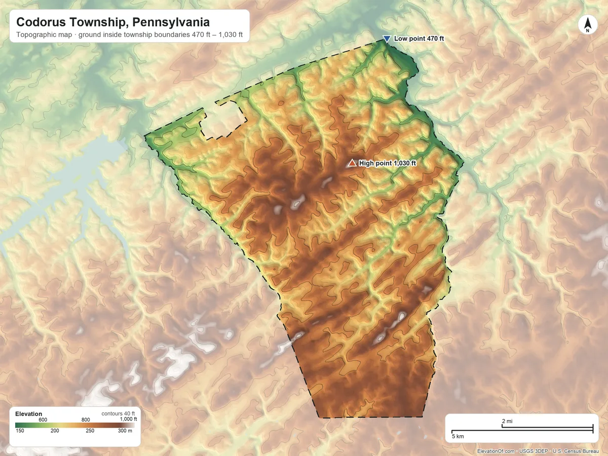 Topographic elevation map of Codorus Township, Pennsylvania, shaded from 470 ft on the north side to 1,030 ft on Huntrick Hill