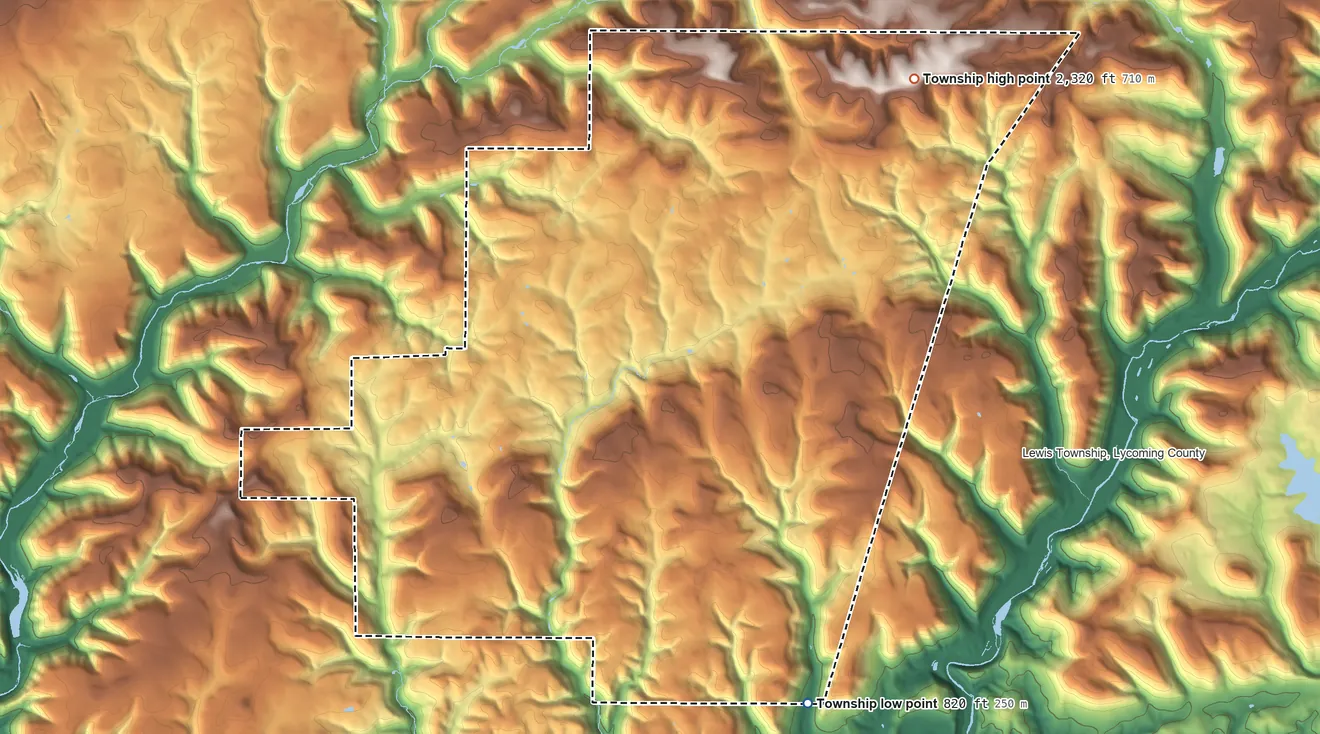 Topographic elevation map of Cogan House Township, Pennsylvania, shaded from 820 ft on the southeast side to 2,320 ft on Laurel Mountain