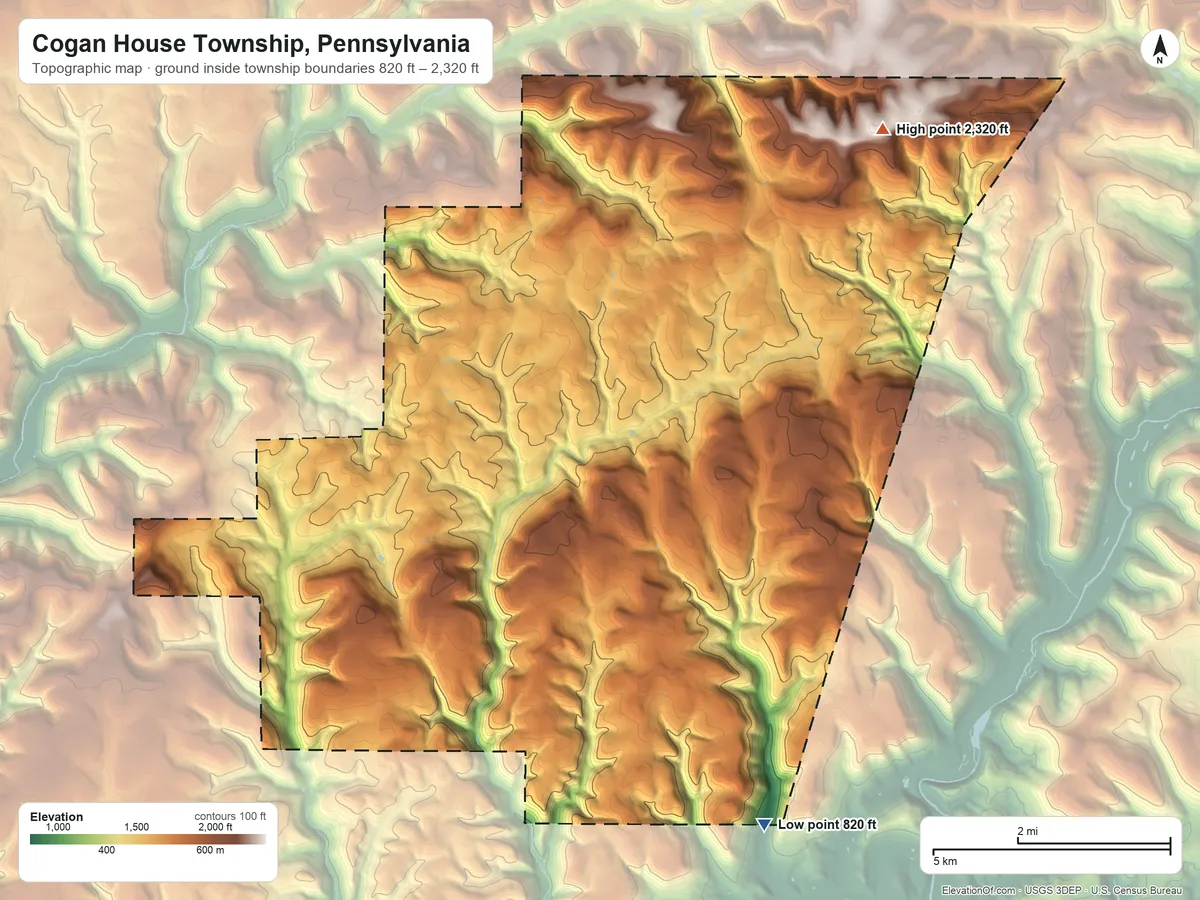 Topographic elevation map of Cogan House Township, Pennsylvania, shaded from 820 ft on the southeast side to 2,320 ft on Laurel Mountain