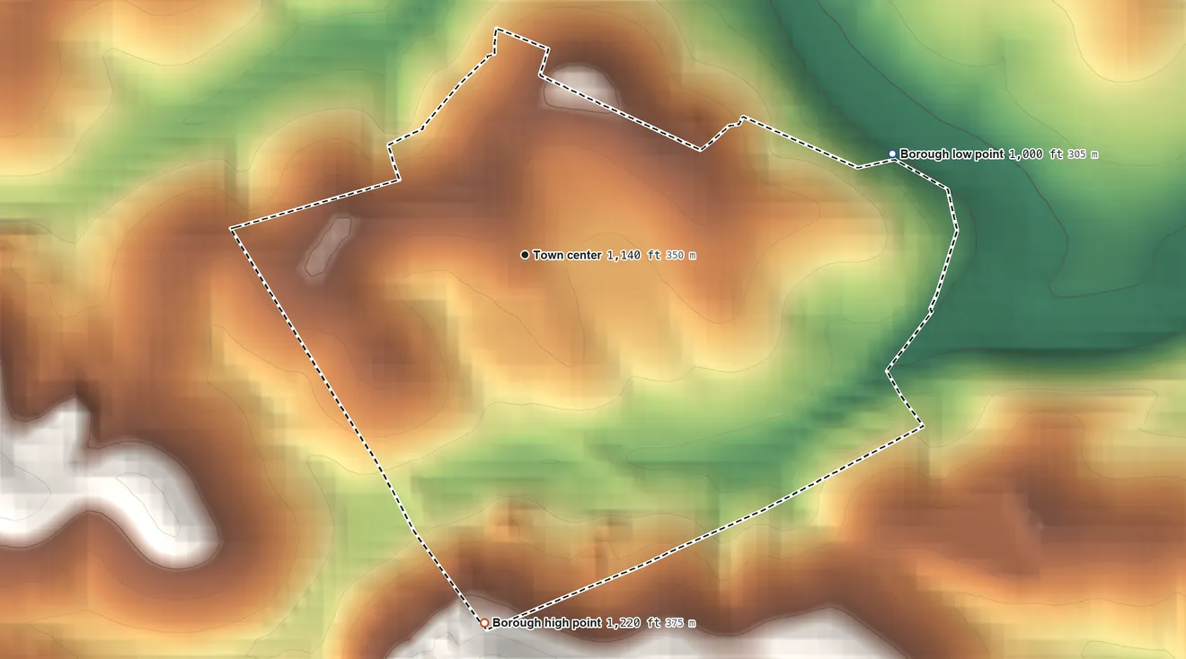 Topographic elevation map of Cokeburg, Pennsylvania, shaded from 1,000 ft on the east side to 1,220 ft on the south side
