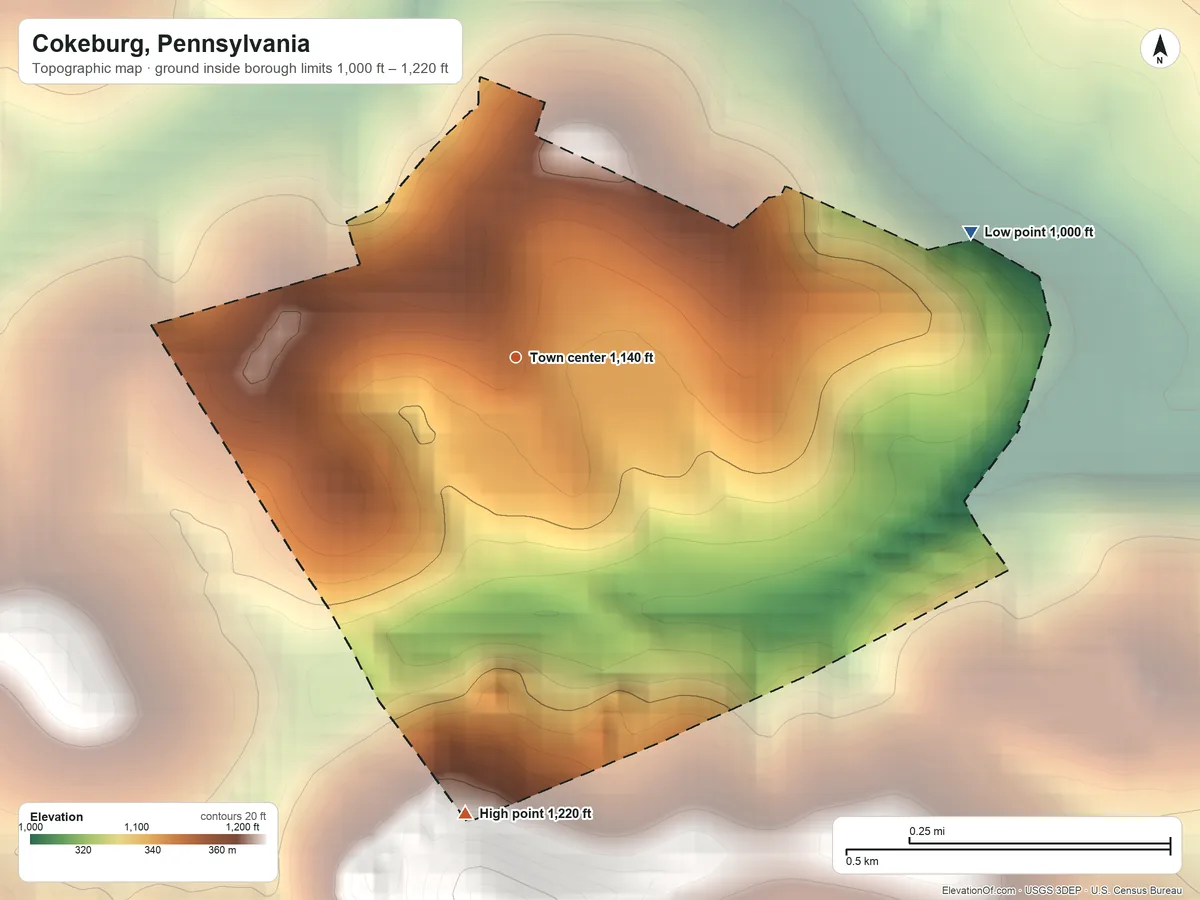 Topographic elevation map of Cokeburg, Pennsylvania, shaded from 1,000 ft on the east side to 1,220 ft on the south side