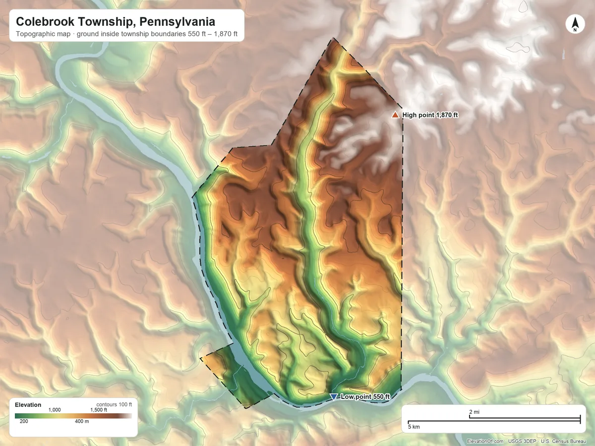 Topographic elevation map of Colebrook Township, Pennsylvania, shaded from 550 ft on the southeast side to 1,870 ft on the northeast side