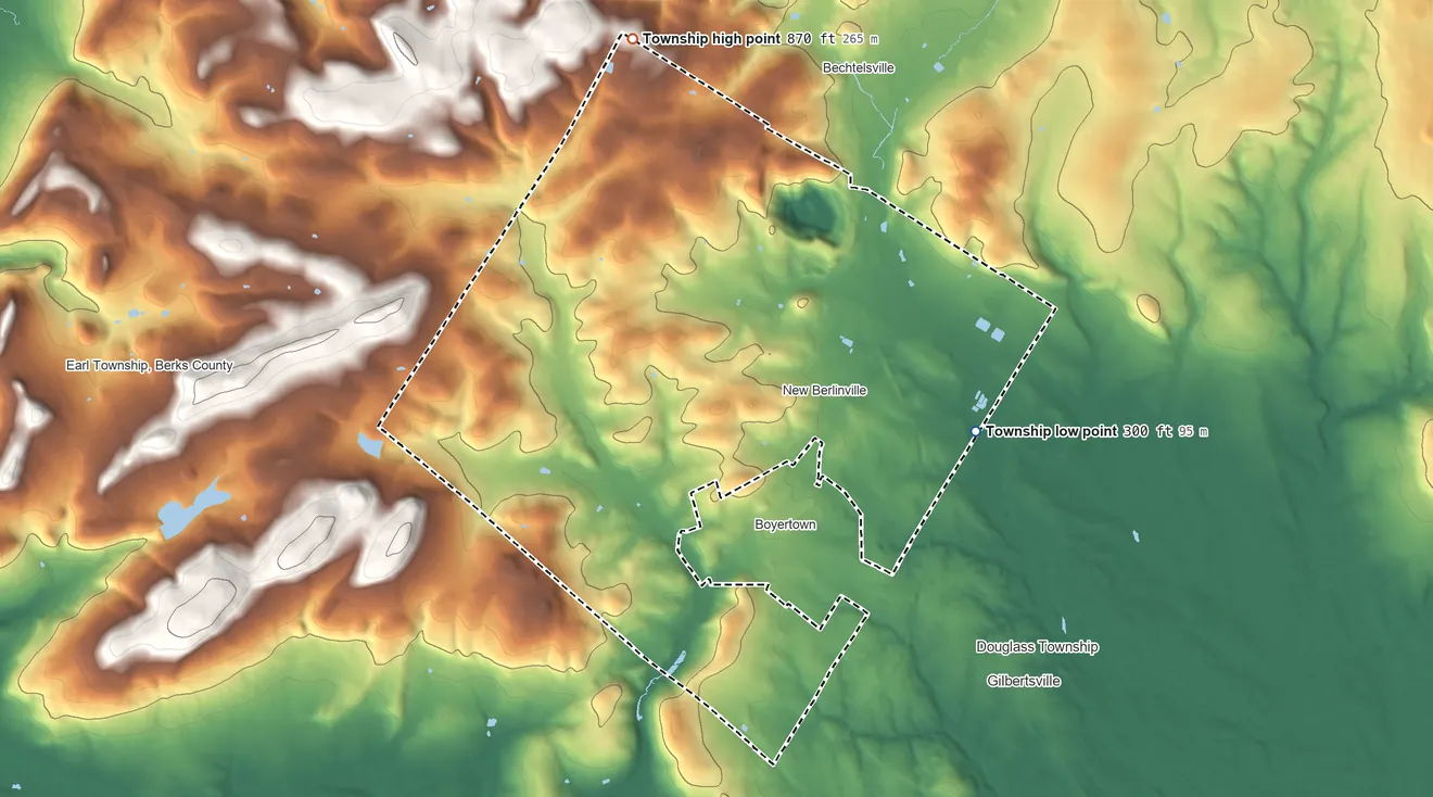 Topographic elevation map of Colebrookdale Township, Pennsylvania, shaded from 300 ft on the east side to 870 ft on the north side