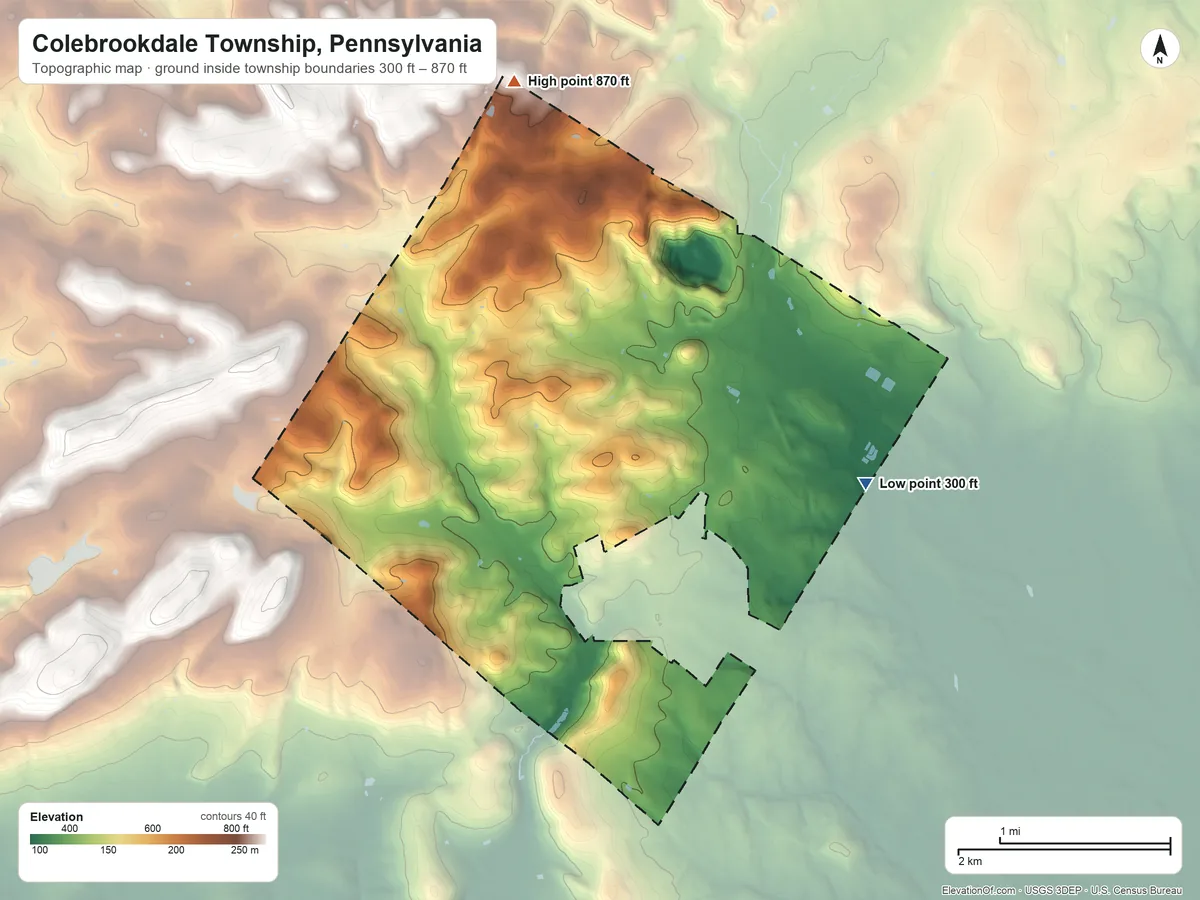 Topographic elevation map of Colebrookdale Township, Pennsylvania, shaded from 300 ft on the east side to 870 ft on the north side