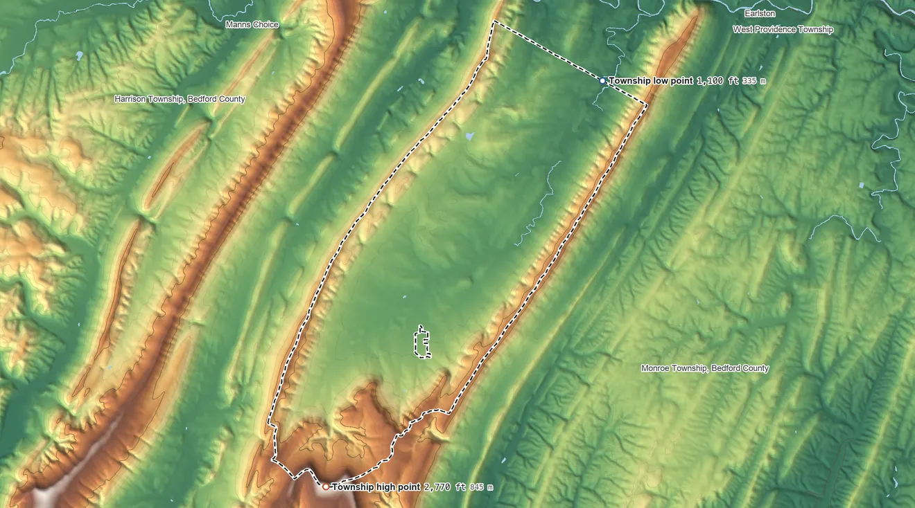 Topographic elevation map of Colerain Township, Bedford County, Pennsylvania, shaded from 1,100 ft on the northeast side to 2,770 ft on Martin Hill