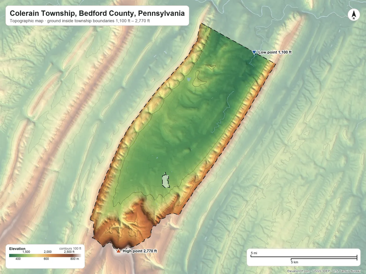 Topographic elevation map of Colerain Township, Bedford County, Pennsylvania, shaded from 1,100 ft on the northeast side to 2,770 ft on Martin Hill