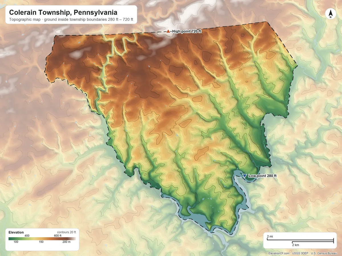 Topographic elevation map of Colerain Township, Pennsylvania, shaded from 280 ft on the southeast side to 720 ft on the north side
