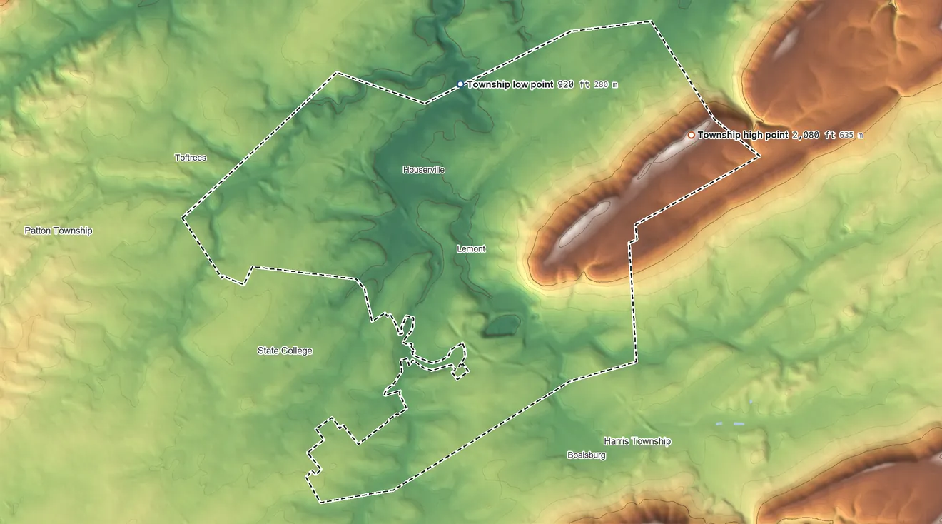 Topographic elevation map of College Township, Pennsylvania, shaded from 920 ft on the north side to 2,080 ft on the northeast side