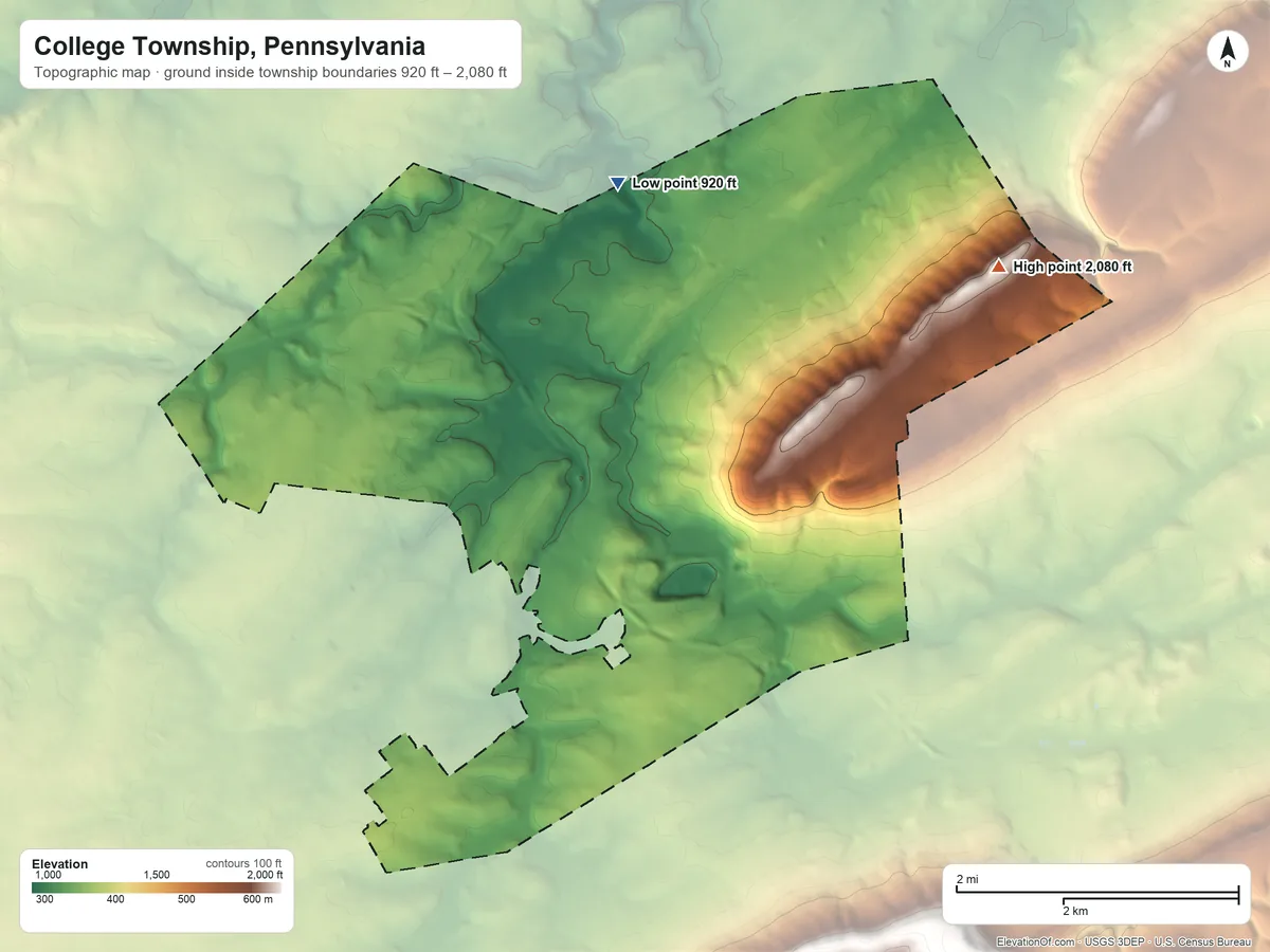 Topographic elevation map of College Township, Pennsylvania, shaded from 920 ft on the north side to 2,080 ft on the northeast side