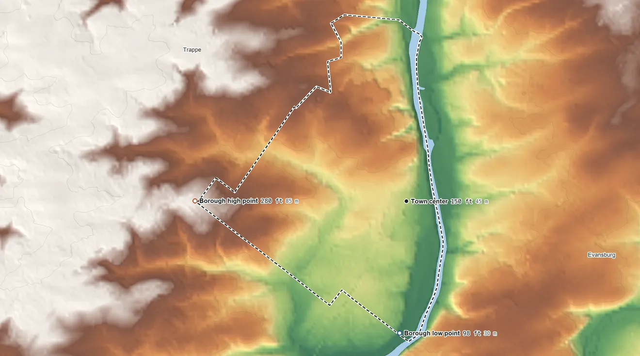 Topographic elevation map of Collegeville, Pennsylvania, shaded from 98 ft on the south side to 280 ft on the west side
